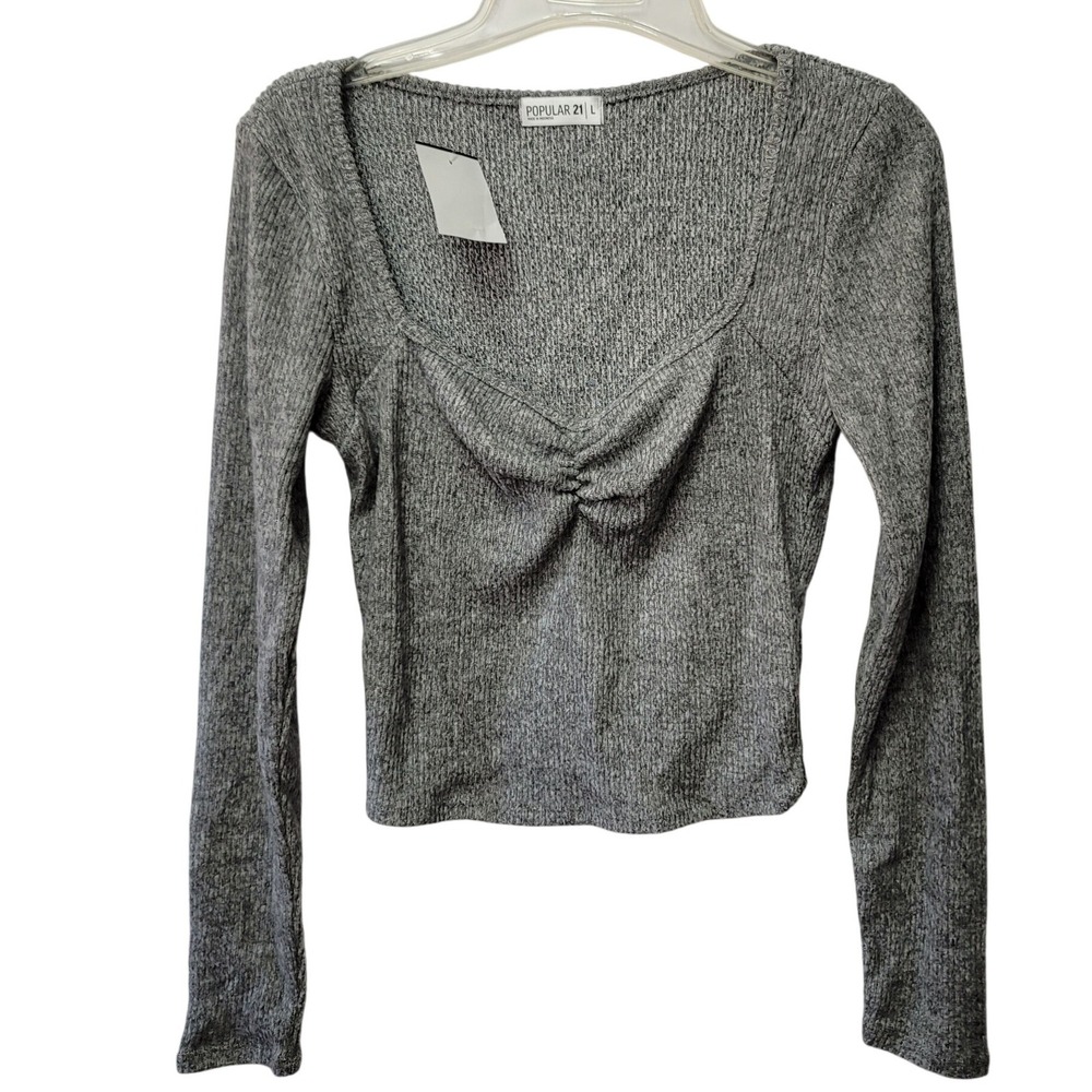 Popular 21 Cropped Sweetheart Cinched Ribbed Knit Top Women Large Grey‎ Y2K Chic
